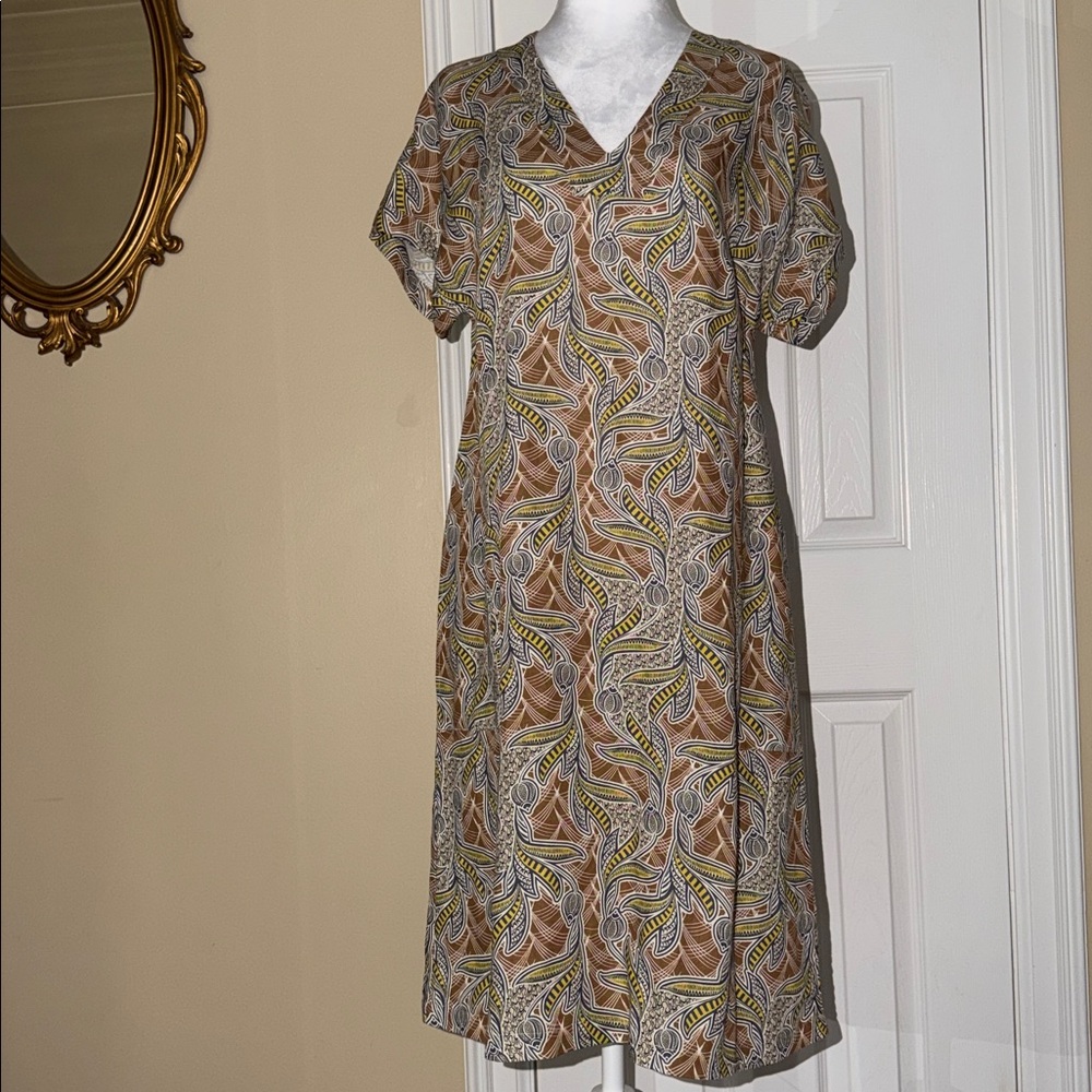 Nathalie Vleeschouwer dress V-neckline unique, earthy abstract floral pattern XS - Picture 2 of 9